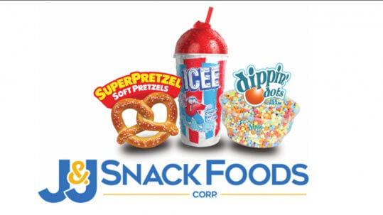 studio shot of super pretzel, icee and dippin dots withs J&J Snack Foods logo